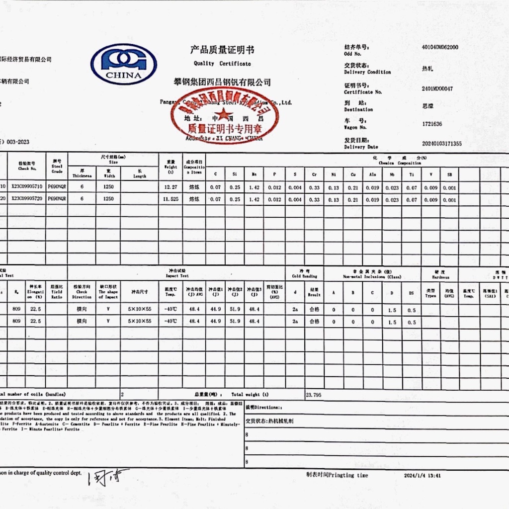 Steel Mill Test Certificate